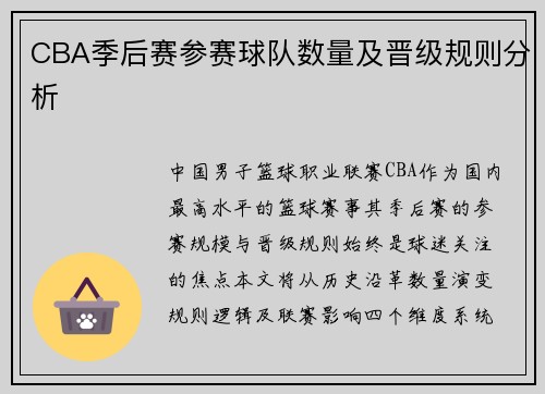 CBA季后赛参赛球队数量及晋级规则分析