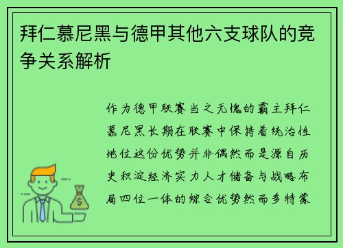 拜仁慕尼黑与德甲其他六支球队的竞争关系解析